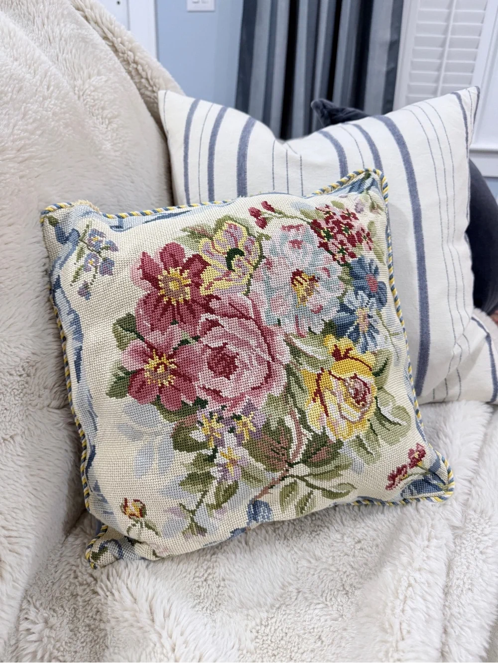 Needlepoint Floral Bouquet Square Accent Pillow Blue